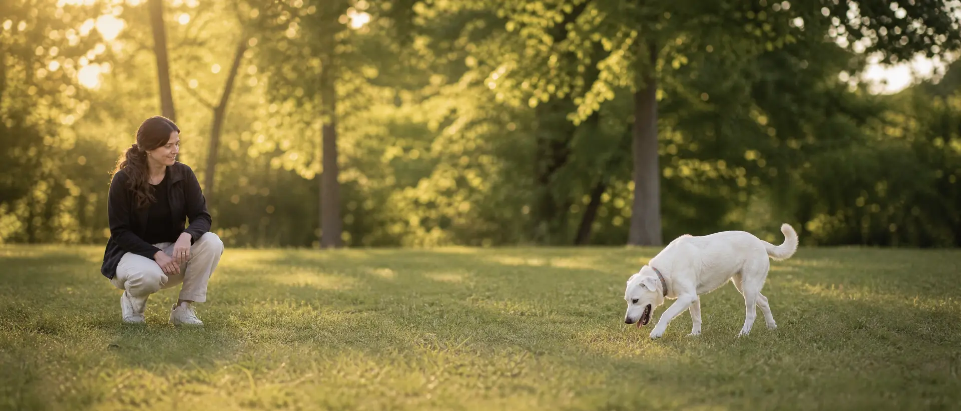 A wide open park at golden hour with a handler crouched low and a white dog moving through the grass